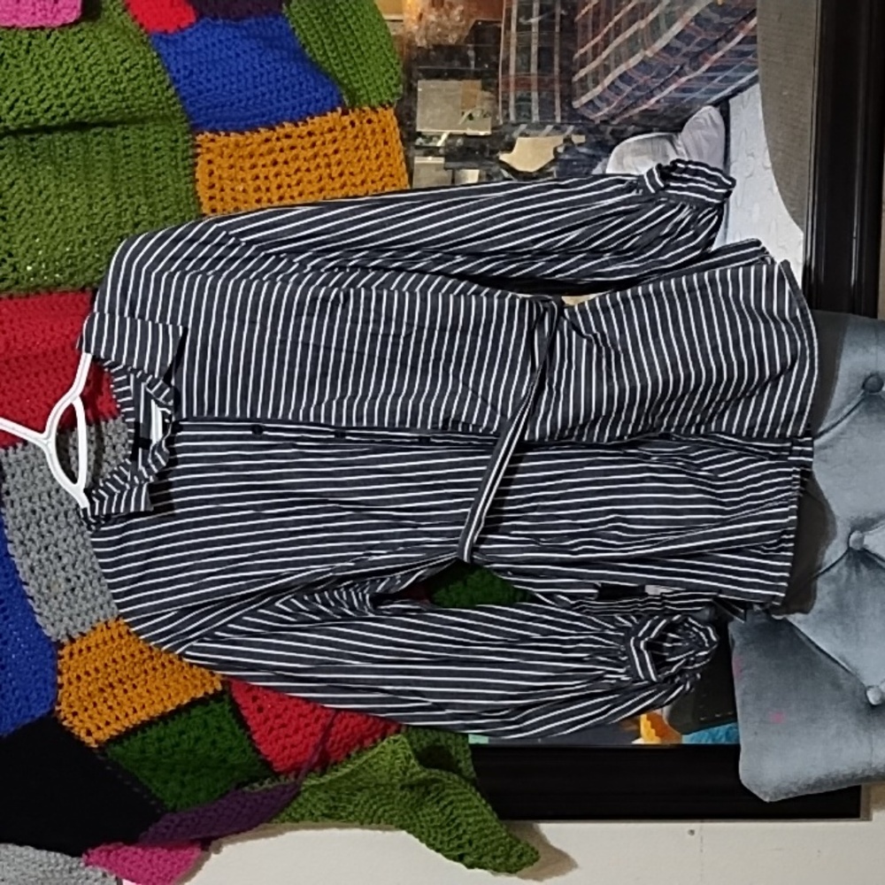 Womens gray and white tie belt waist striped button up blouse fun Plus Sz XXL